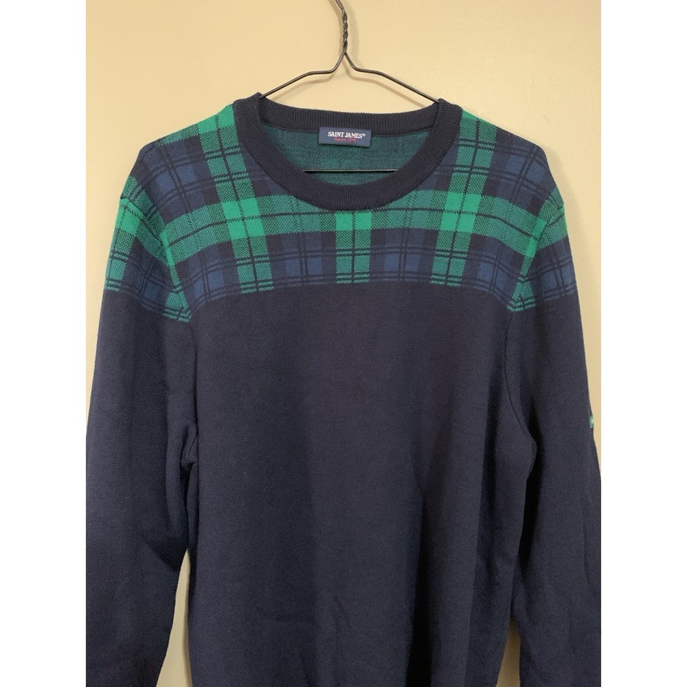 Saint James Sweater‎ New Wool Navy Green Plaid Elbow Patches Men's  Size 48 - Picture 5 of 16